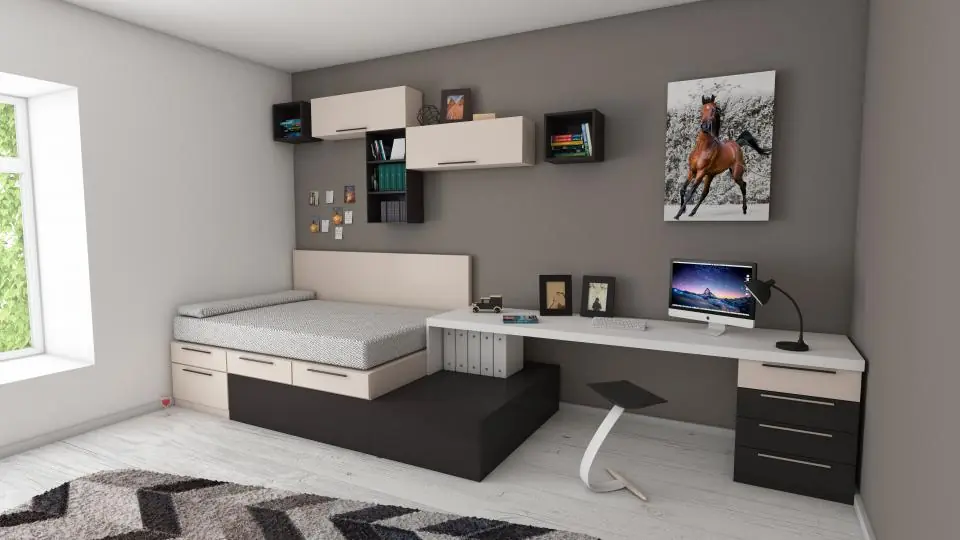 Yatak ve çalışma masası bulunan eşyalı, modern bir oda